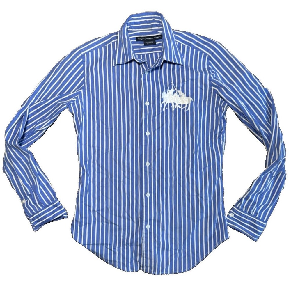 Y2K Polo Ralph Lauren Sport Button Blue Stripe Preppy Office Logo Womens 4